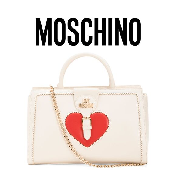 NWT LOVE MOSCHINO Red Heart Beige Satchel Shoulder Handbag MSRP $455 - Picture 1 of 15